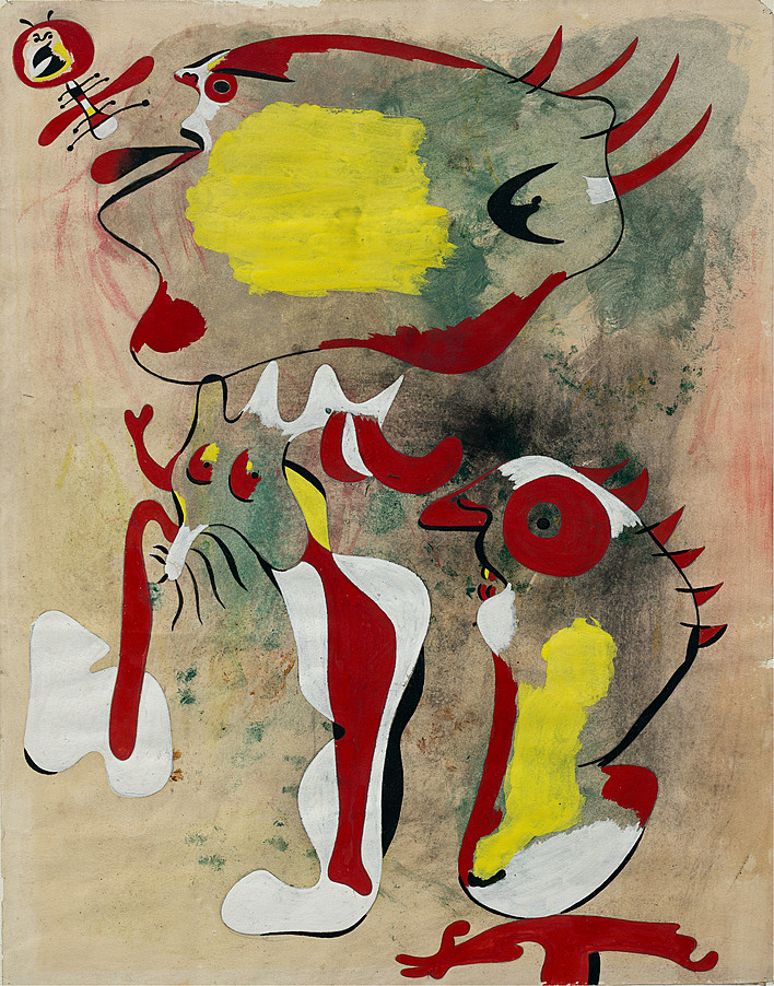 joan miró figures and dog in front of the sun